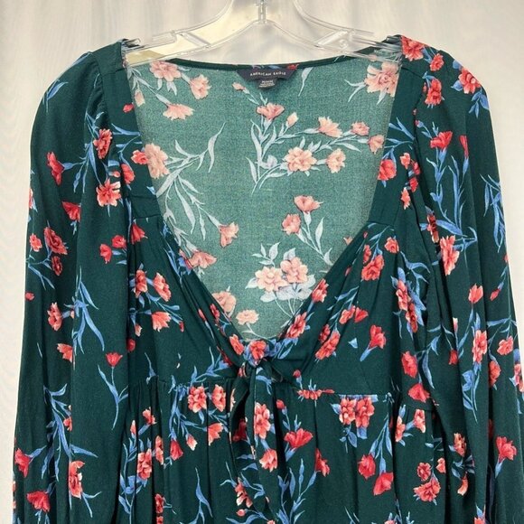 American Eagle Womens Blouse Multicolor Floral Long Sleeve V Neck Tie Pullover M - Picture 2 of 11